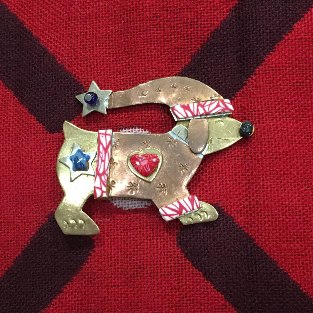 WHIMSICAL STONE, COPPER and METAL DOGGY PIN